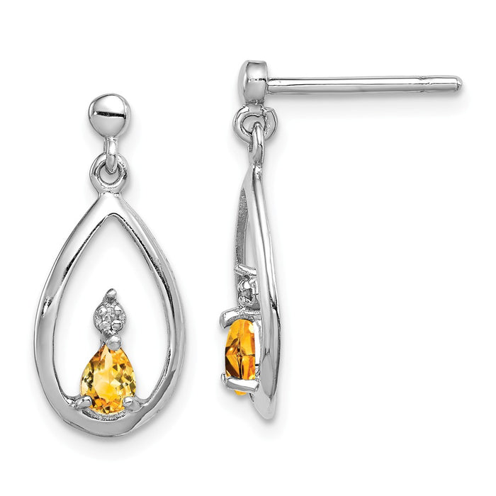 925 Sterling Silver Rhodium Pear Citrine & Diamond Post Earrings, 19mm x 8mm