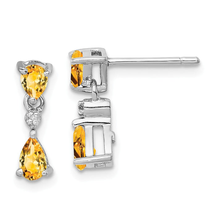 925 Sterling Silver Rhodium Pear Citrine & Diamond Post Earrings, 13mm x 4mm