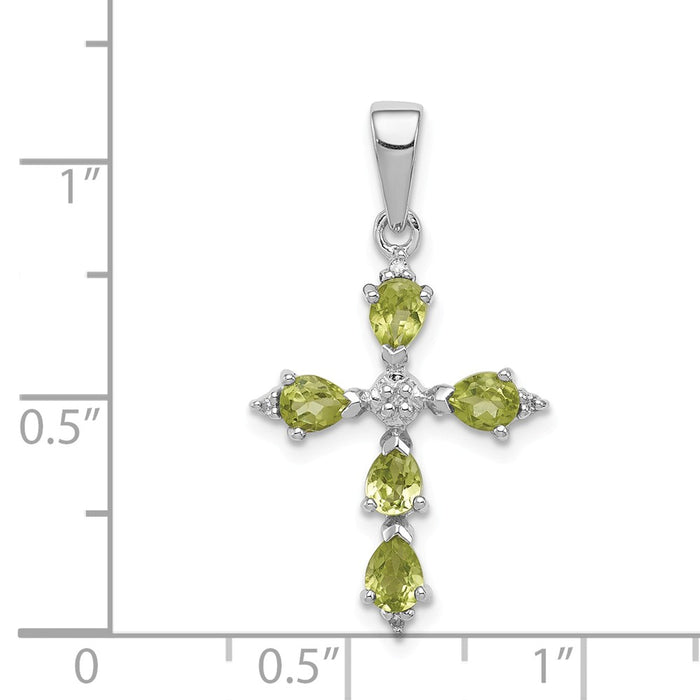 Million Charms 925 Sterling Silver Rhodium-plated Pear Peridot Relgious Cross Pendant