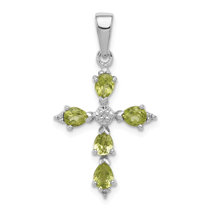 Million Charms 925 Sterling Silver Rhodium-plated Pear Peridot Relgious Cross Pendant