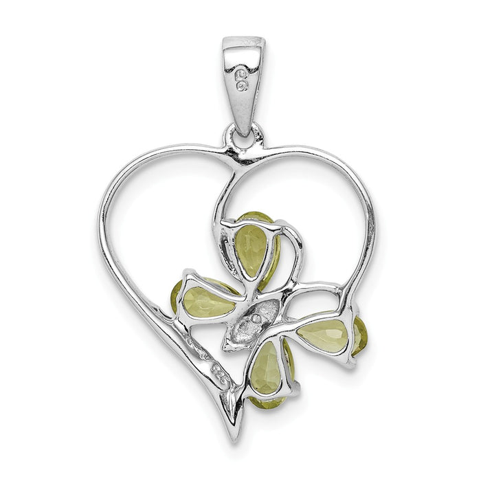 Million Charms 925 Sterling Silver Rhodium-plated Peridot & Diamond Butterfly Heart Pendant