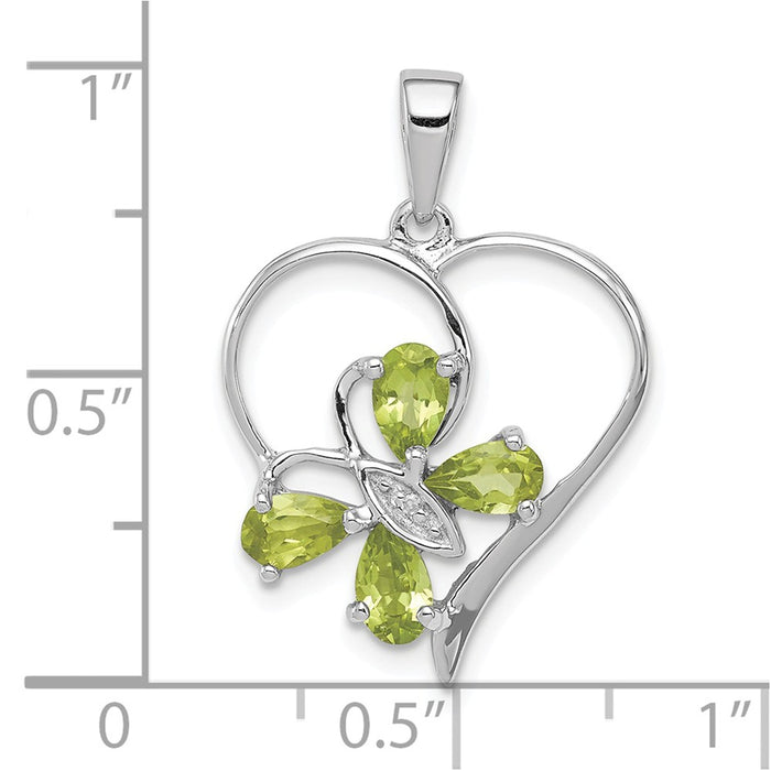 Million Charms 925 Sterling Silver Rhodium-plated Peridot & Diamond Butterfly Heart Pendant