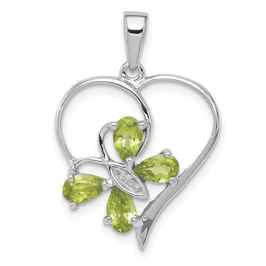 Million Charms 925 Sterling Silver Rhodium-plated Peridot & Diamond Butterfly Heart Pendant