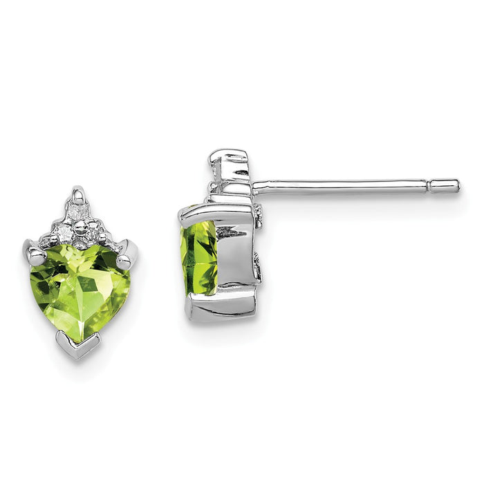 925 Sterling Silver Rhodium Heart Peridot & Diamond Post Earrings, 8mm x 6mm