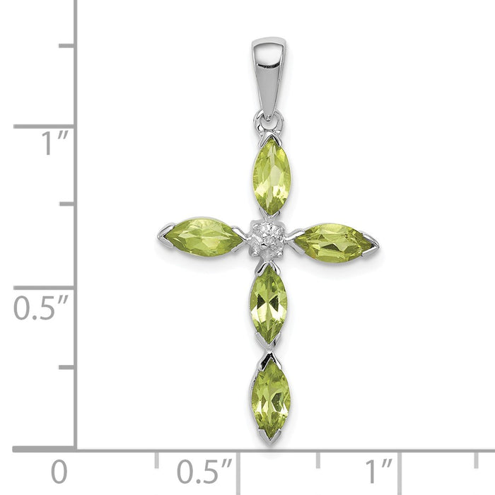 Million Charms 925 Sterling Silver Rhodium-plated Peridot & Diamond Relgious Cross Pendant