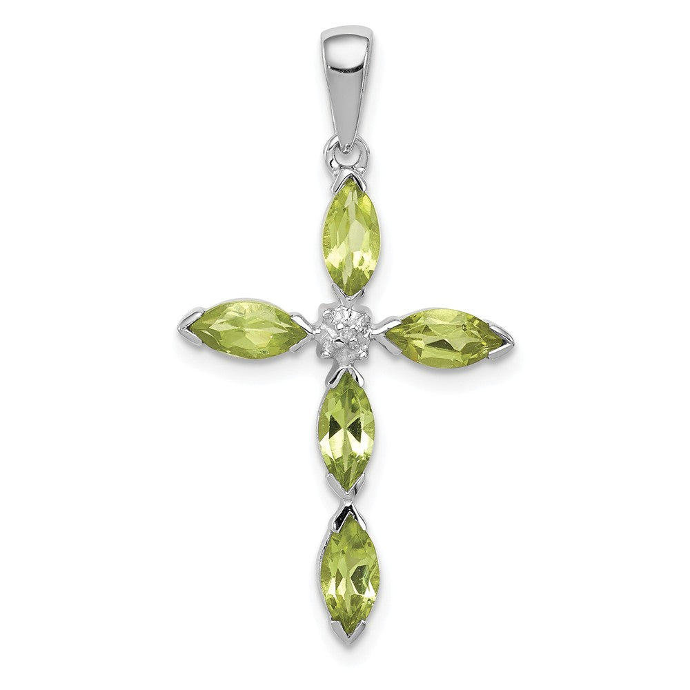 Million Charms 925 Sterling Silver Rhodium-plated Peridot & Diamond Relgious Cross Pendant