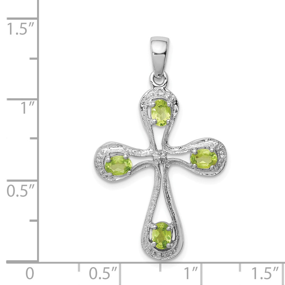 Million Charms 925 Sterling Silver Rhodium-plated Peridot & Diamond Relgious Cross Pendant