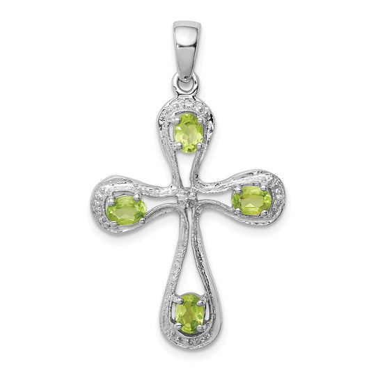 Million Charms 925 Sterling Silver Rhodium-plated Peridot & Diamond Relgious Cross Pendant