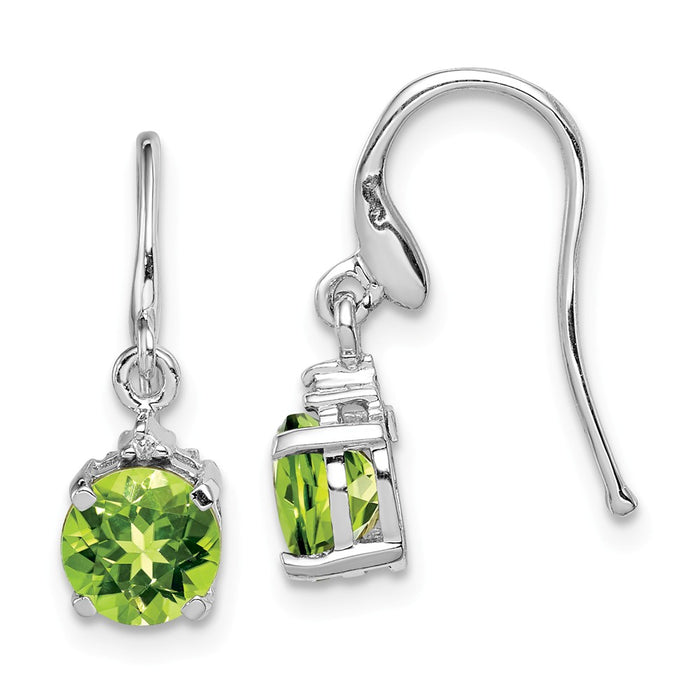 925 Sterling Silver Rhodium Round Peridot & Diamond Wire Earrings, 19mm x 6mm