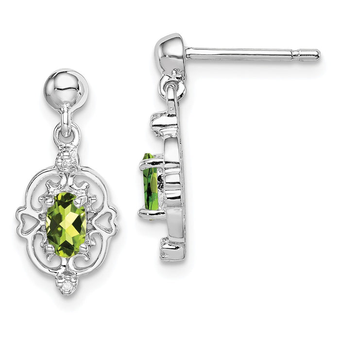 925 Sterling Silver Rhodium Pear Peridot & Diamond Post Earrings, 16mm x 7mm