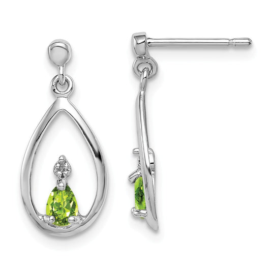 925 Sterling Silver Rhodium Pear Peridot & Diamond Post Earrings, 19mm x 8mm