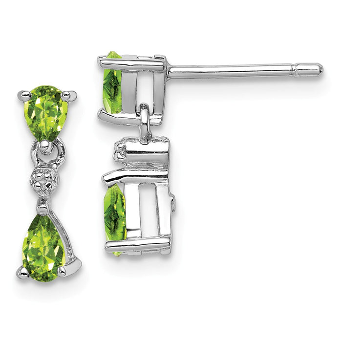 925 Sterling Silver Rhodium Pear Peridot & Diamond Post Earrings, 13mm x 4mm