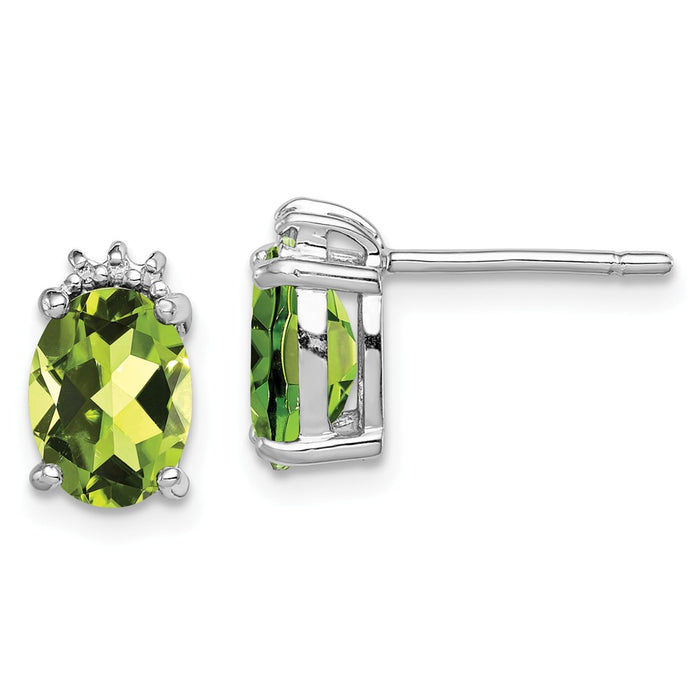 925 Sterling Silver Rhodium Oval Peridot & Diamond Post Earrings, 10mm x 6mm