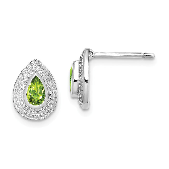 925 Sterling Silver Rhodium Peridot & Diamond Post Earrings, 10mm x 7mm