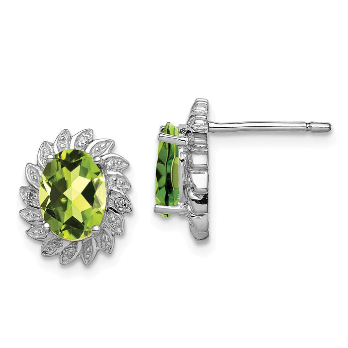 925 Sterling Silver Rhodium-plated Peridot & Diamond Post Earrings, 12mm x 10mm