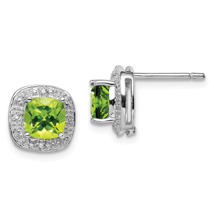 925 Sterling Silver Rhodium Peridot & Diamond Post Earrings, 9mm x 9mm