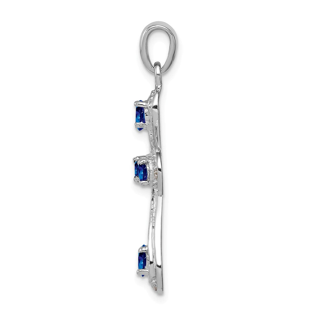 Million Charms 925 Sterling Silver Rhodium-plated Dark Sapphire & Diamond Relgious Cross Pendant
