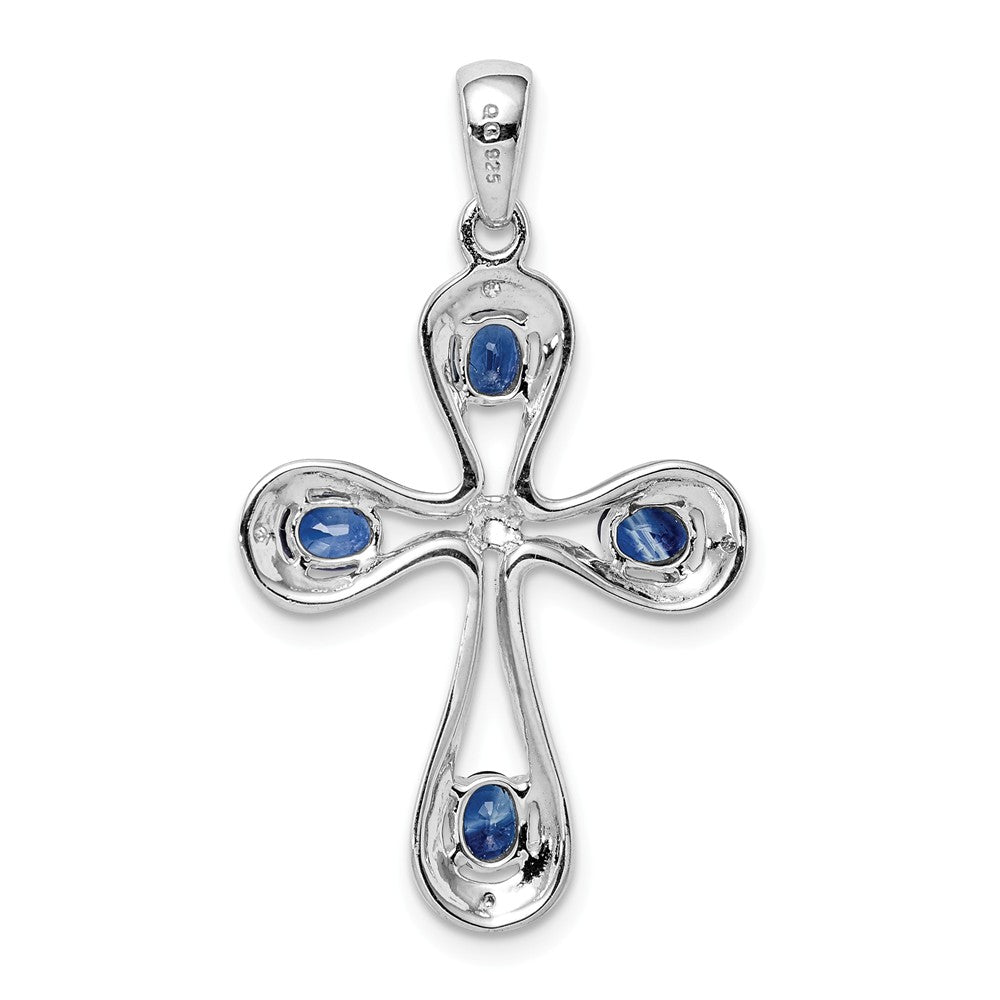 Million Charms 925 Sterling Silver Rhodium-plated Dark Sapphire & Diamond Relgious Cross Pendant