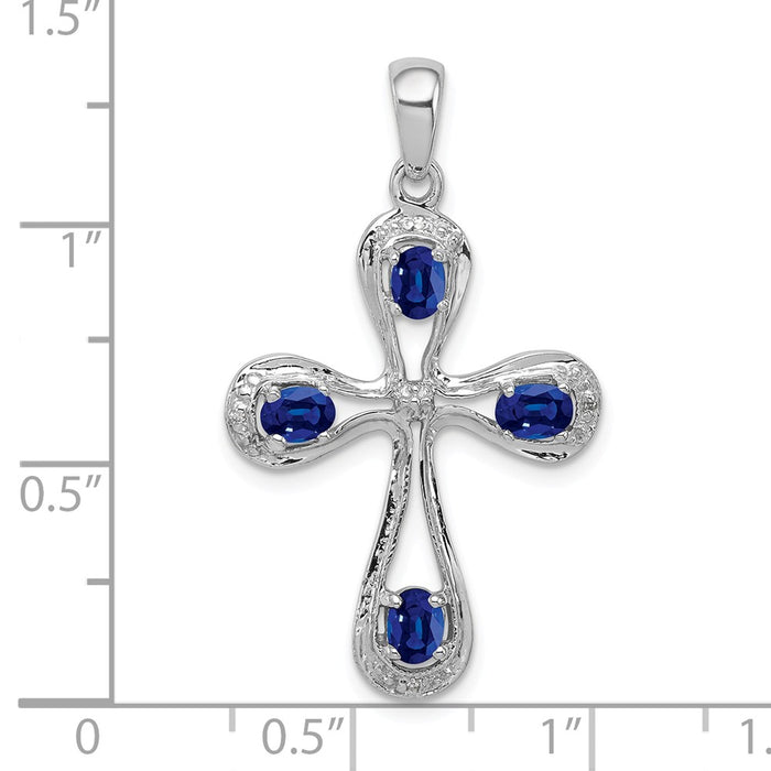 Million Charms 925 Sterling Silver Rhodium-plated Dark Sapphire & Diamond Relgious Cross Pendant