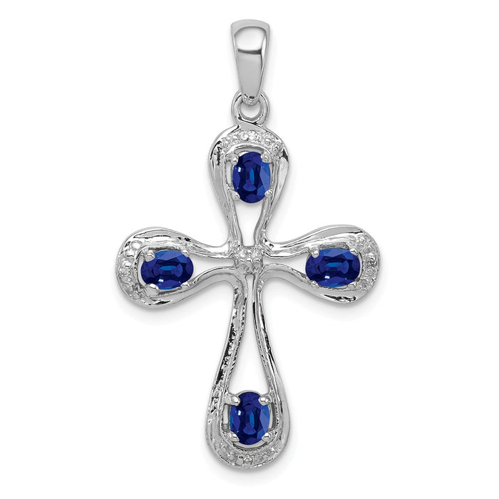 Million Charms 925 Sterling Silver Rhodium-plated Dark Sapphire & Diamond Relgious Cross Pendant