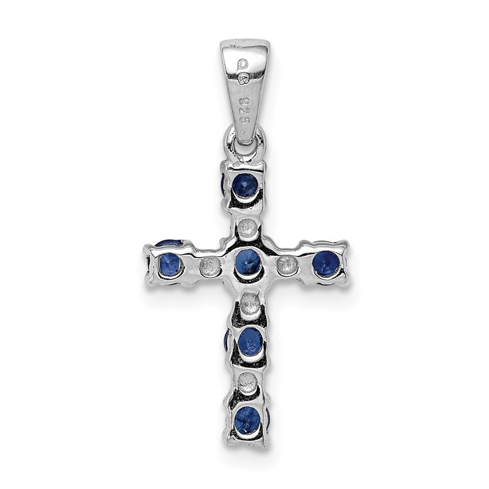 Million Charms 925 Sterling Silver Rhodium-plated Dark Sapphire & Diamond Accent Relgious Cross Pendant