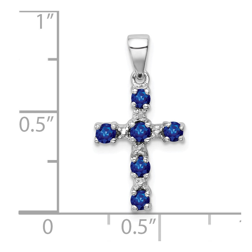 Million Charms 925 Sterling Silver Rhodium-plated Dark Sapphire & Diamond Accent Relgious Cross Pendant