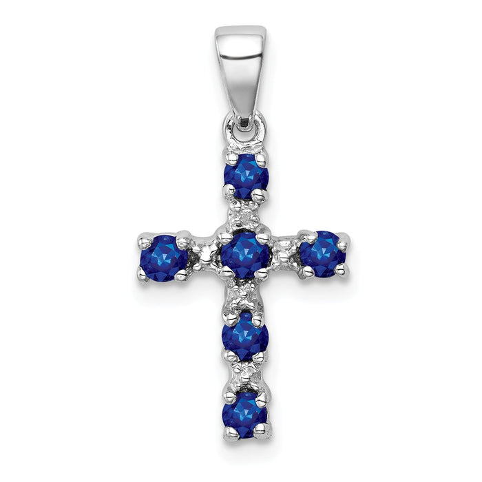 Million Charms 925 Sterling Silver Rhodium-plated Dark Sapphire & Diamond Accent Relgious Cross Pendant