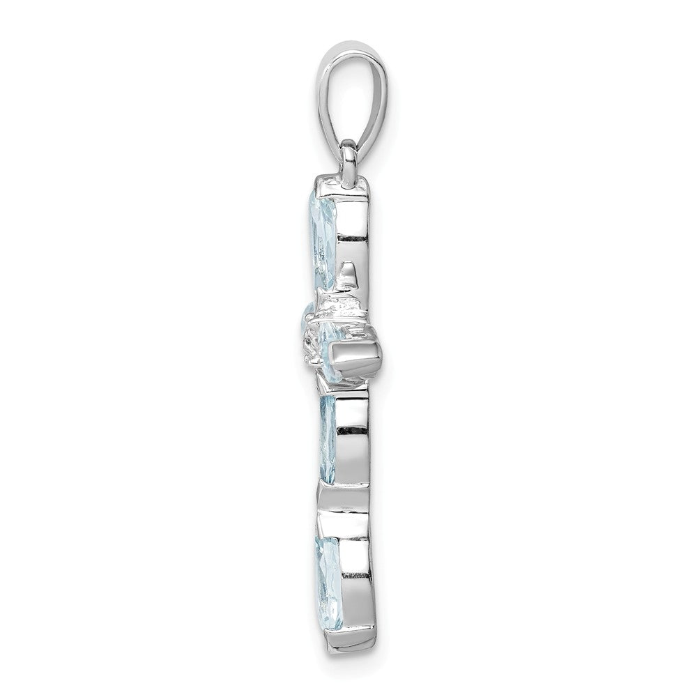 Million Charms 925 Sterling Silver Rhodium-plated Aqua & Diamond Relgious Cross Pendant