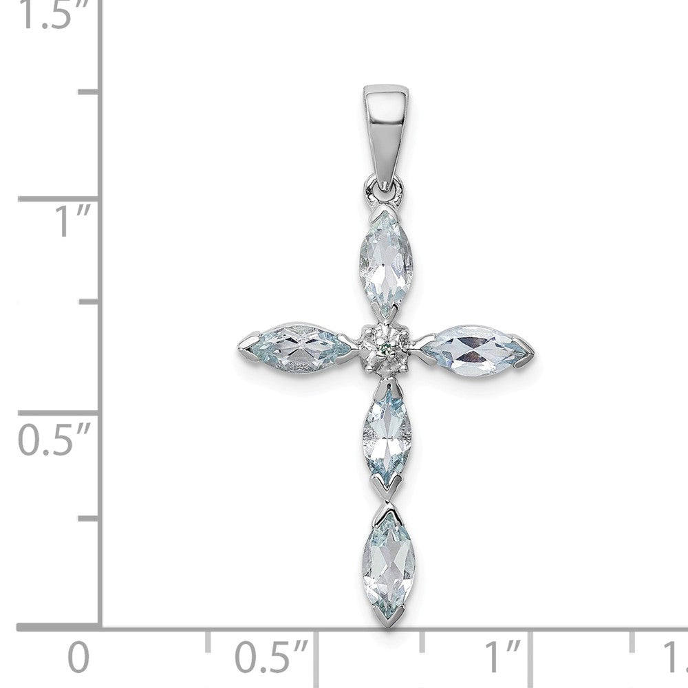 Million Charms 925 Sterling Silver Rhodium-plated Aqua & Diamond Relgious Cross Pendant