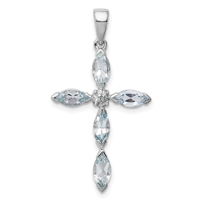 Million Charms 925 Sterling Silver Rhodium-plated Aqua & Diamond Relgious Cross Pendant