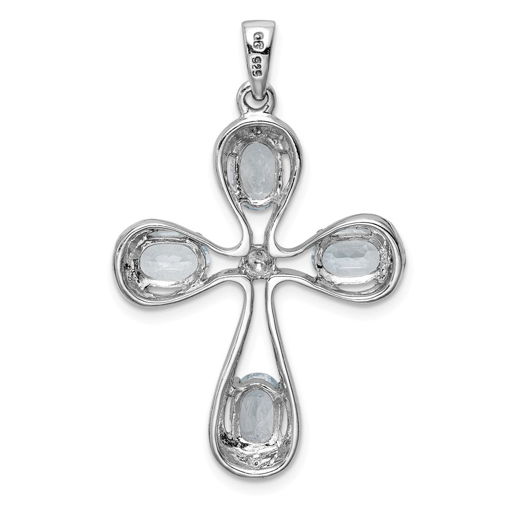 Million Charms 925 Sterling Silver Rhodium-Plated Aquamarine & Diamond Relgious Cross Pendant
