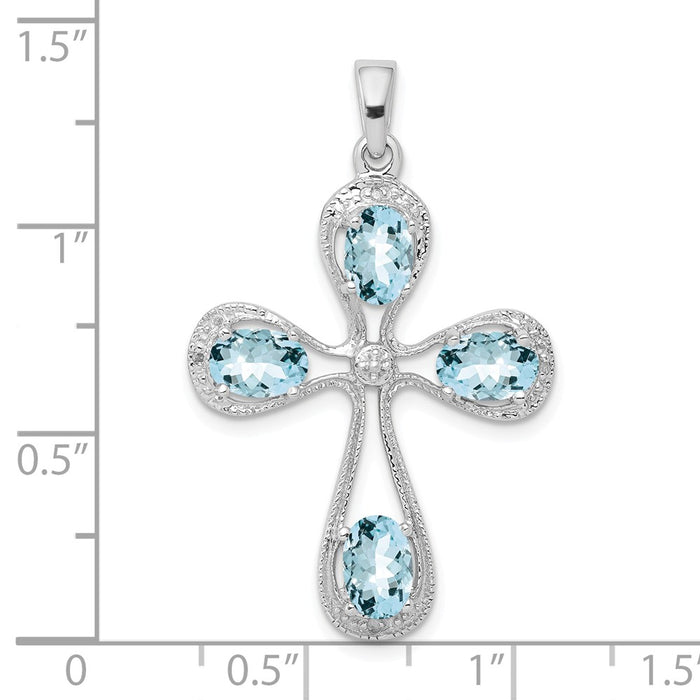 Million Charms 925 Sterling Silver Rhodium-Plated Aquamarine & Diamond Relgious Cross Pendant
