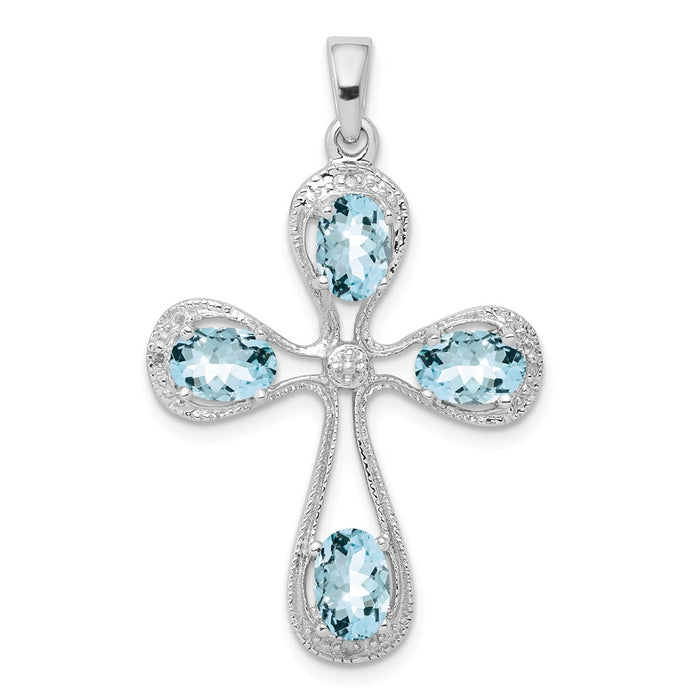 Million Charms 925 Sterling Silver Rhodium-Plated Aquamarine & Diamond Relgious Cross Pendant