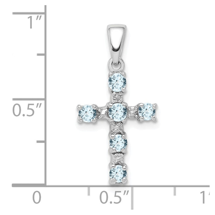 Million Charms 925 Sterling Silver Rhodium-Plated Aquamarine & Diamond Relgious Cross Pendant