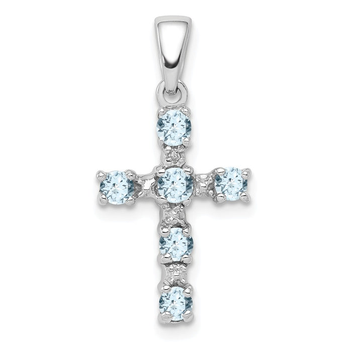 Million Charms 925 Sterling Silver Rhodium-Plated Aquamarine & Diamond Relgious Cross Pendant