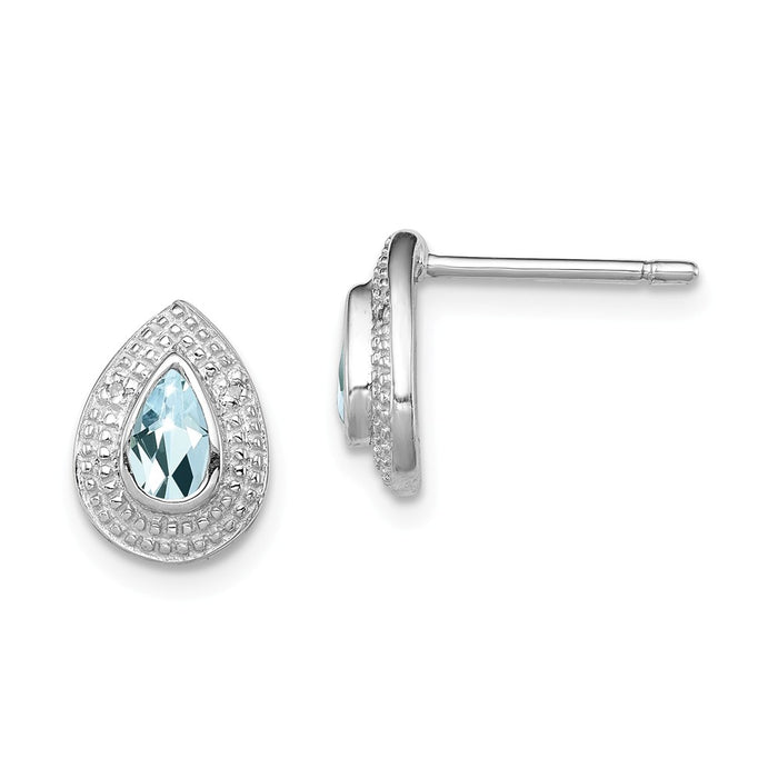 925 Sterling Silver Rhodium Aqua & Diamond Post Earrings, 10mm x 7mm