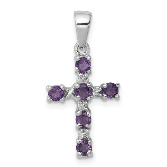 Million Charms 925 Sterling Silver Rhodium-plated Amethyst & Diamond Accent Relgious Cross Pendant