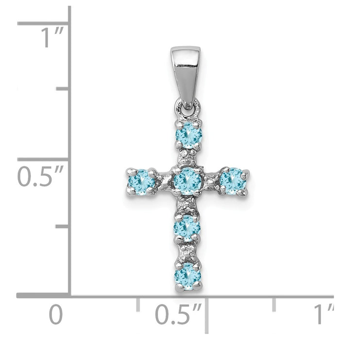 Million Charms 925 Sterling Silver Rhodium-plated Lt Sw Blue Topaz Relgious Cross & Diamond Accent Pendant