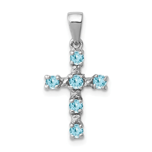 Million Charms 925 Sterling Silver Rhodium-plated Lt Sw Blue Topaz Relgious Cross & Diamond Accent Pendant