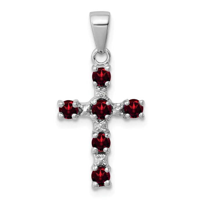 Million Charms 925 Sterling Silver Rhodium-Plated Garnet & Diamond Accent Relgious Cross Pendant