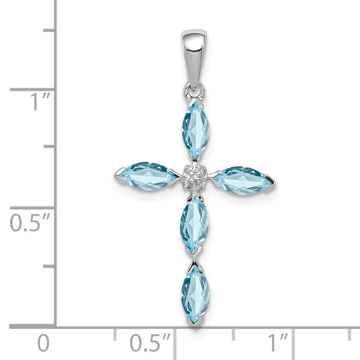 Million Charms 925 Sterling Silver Rhodium-plated Lt Sw Blue Topaz Relgious Cross & Diamond Pendant