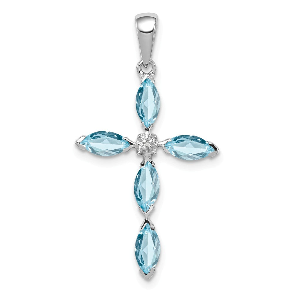 Million Charms 925 Sterling Silver Rhodium-plated Lt Sw Blue Topaz Relgious Cross & Diamond Pendant