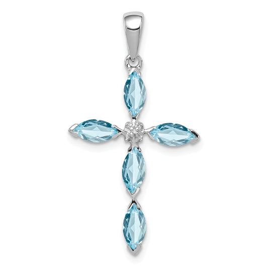 Million Charms 925 Sterling Silver Rhodium-plated Lt Sw Blue Topaz Relgious Cross & Diamond Pendant