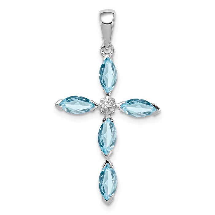 Million Charms 925 Sterling Silver Rhodium-plated Lt Sw Blue Topaz Relgious Cross & Diamond Pendant
