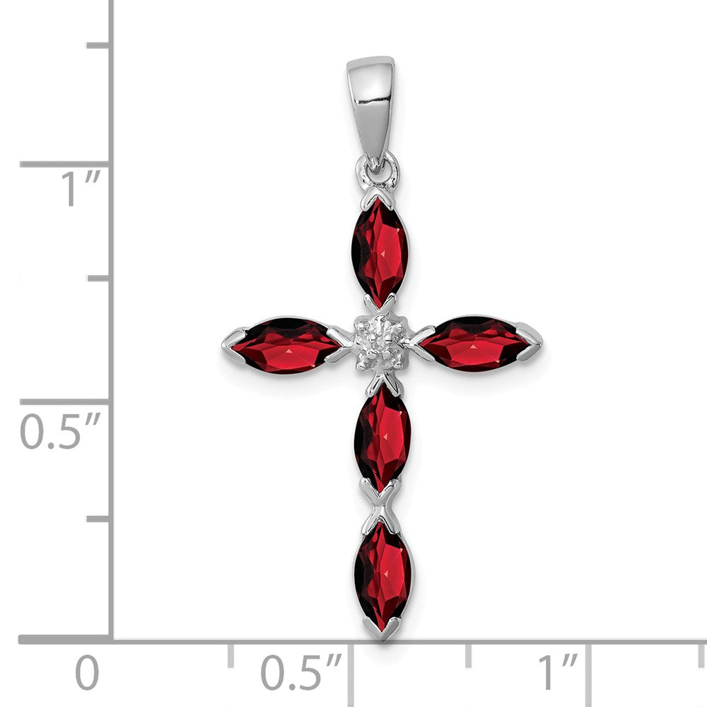 Million Charms 925 Sterling Silver Rhodium-plated Garnet & Diamond Relgious Cross Pendant