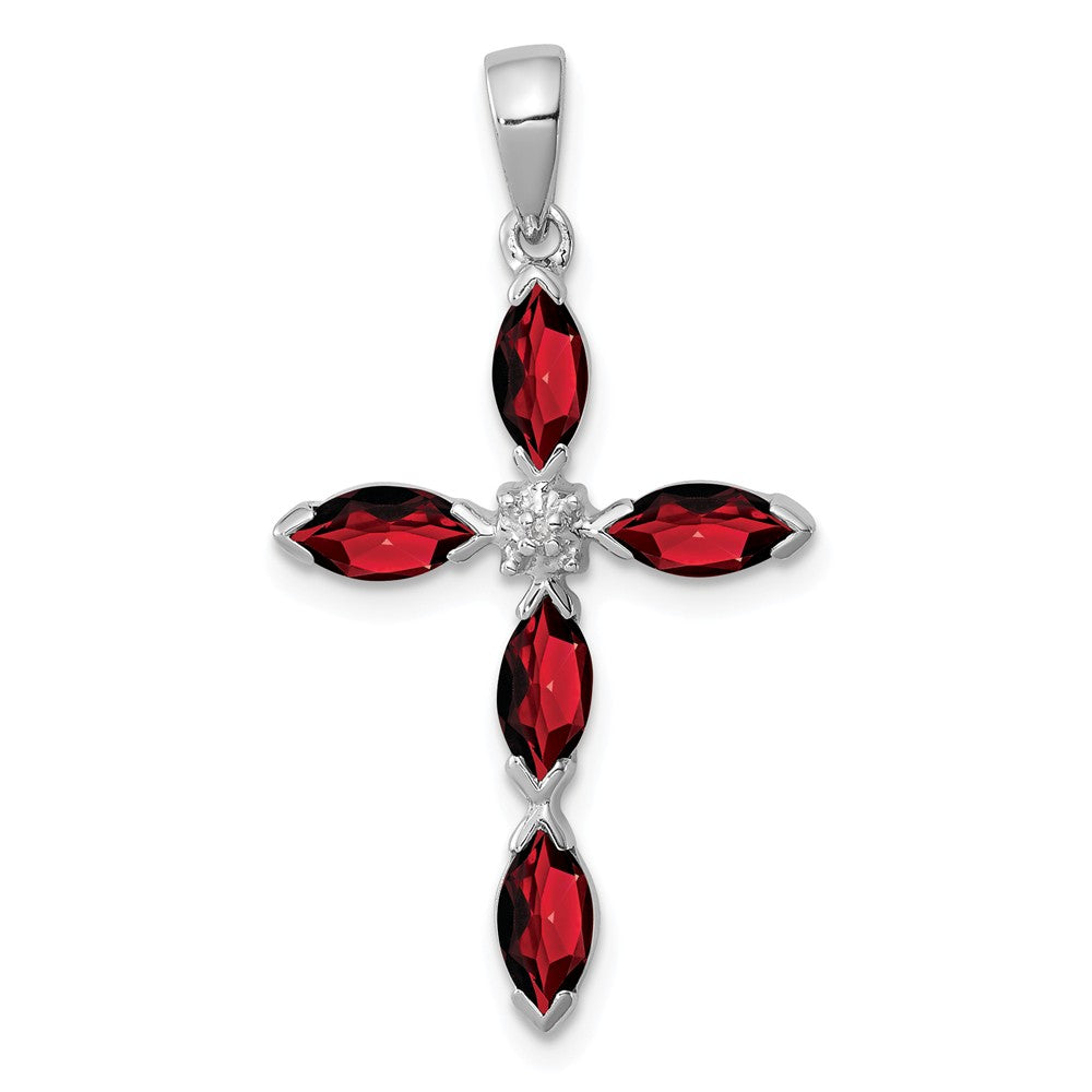 Million Charms 925 Sterling Silver Rhodium-plated Garnet & Diamond Relgious Cross Pendant