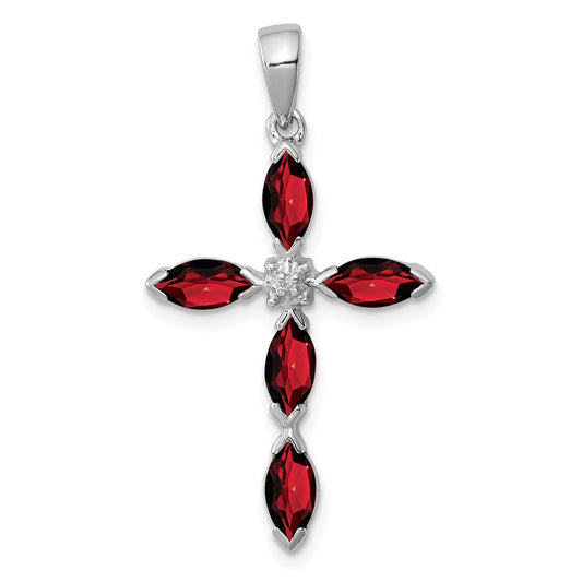 Million Charms 925 Sterling Silver Rhodium-plated Garnet & Diamond Relgious Cross Pendant