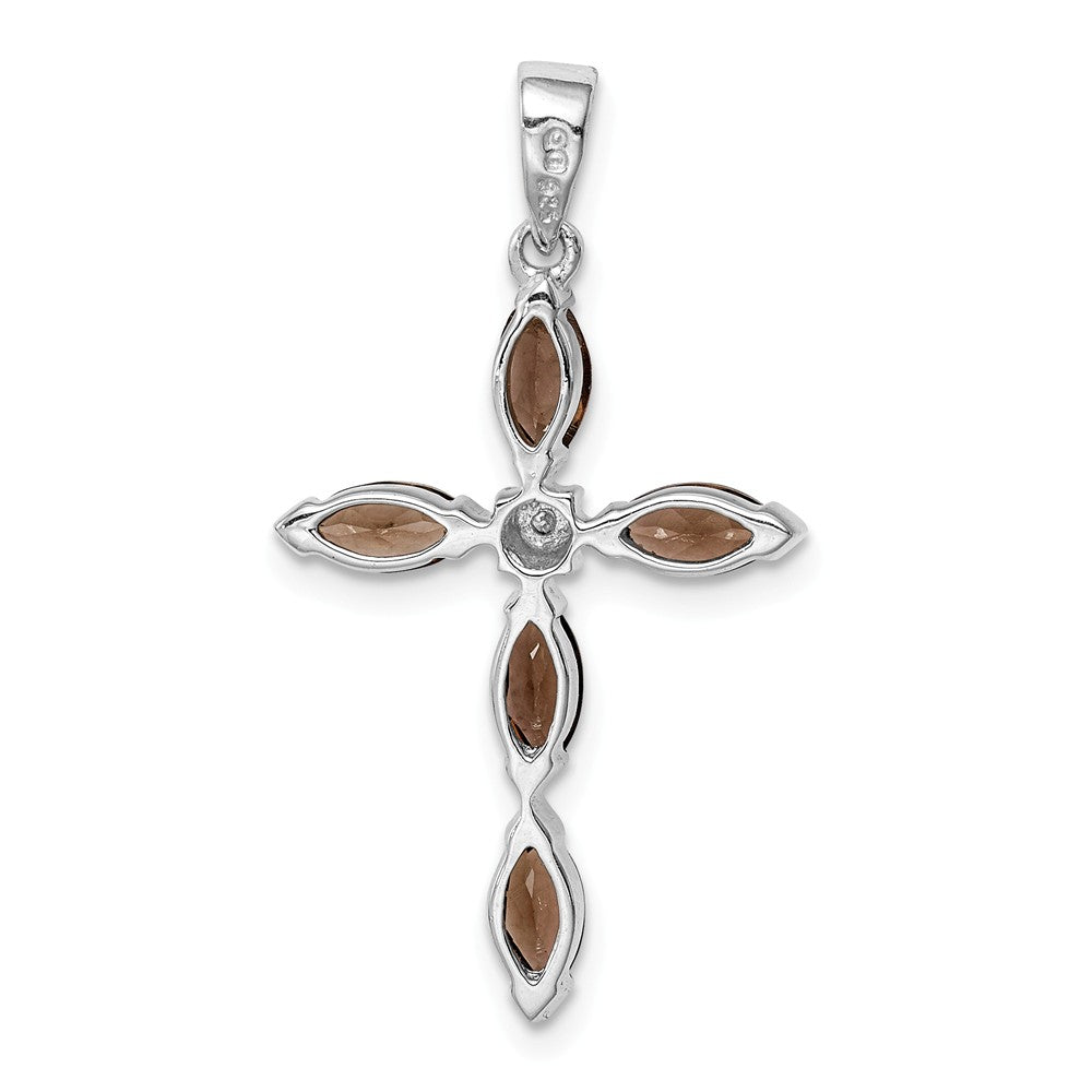 Million Charms 925 Sterling Silver Rhodium-plated Smoky Quartz & Diamond Relgious Cross Pendant