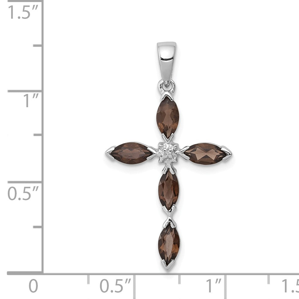 Million Charms 925 Sterling Silver Rhodium-plated Smoky Quartz & Diamond Relgious Cross Pendant