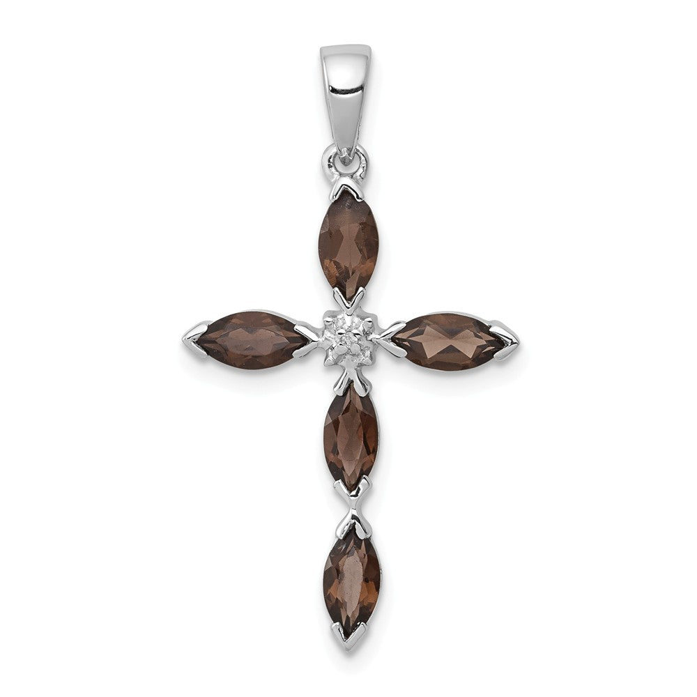 Million Charms 925 Sterling Silver Rhodium-plated Smoky Quartz & Diamond Relgious Cross Pendant